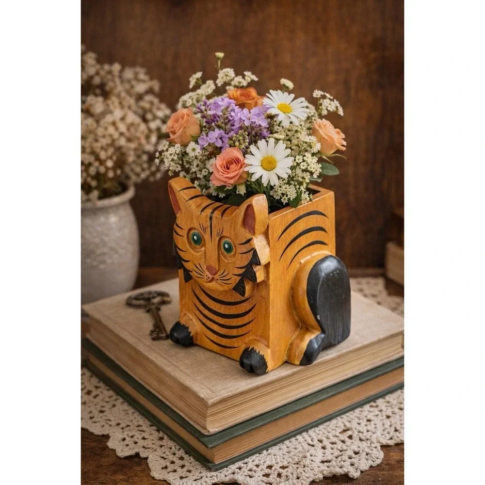 Hand Carved Wooden Cat Trinket Box Folk Art Kitty Storage Box 5